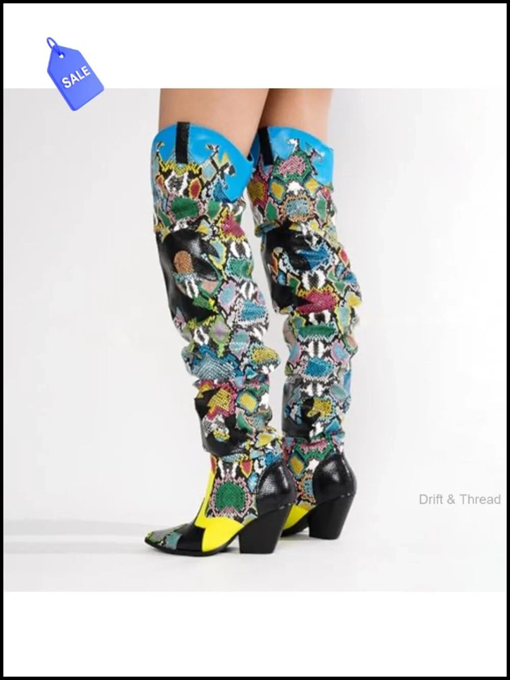 Thigh High Cowboy Boots for Women Faux Snakeskin Chunky Heel Slip Resistant